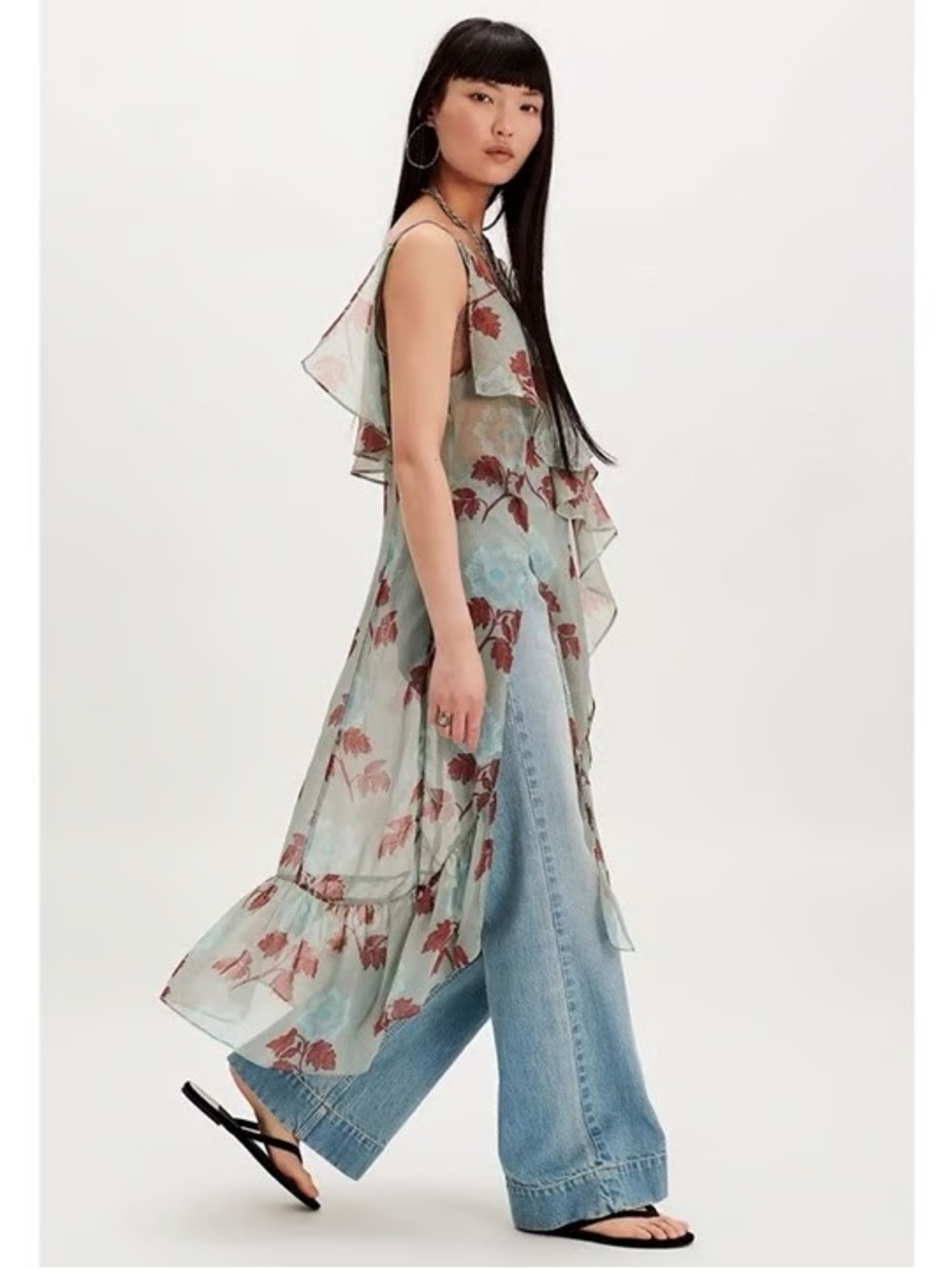 New Free People Sheer Floral Maxi Top Slip Dress Blue Red Small Sunfaded